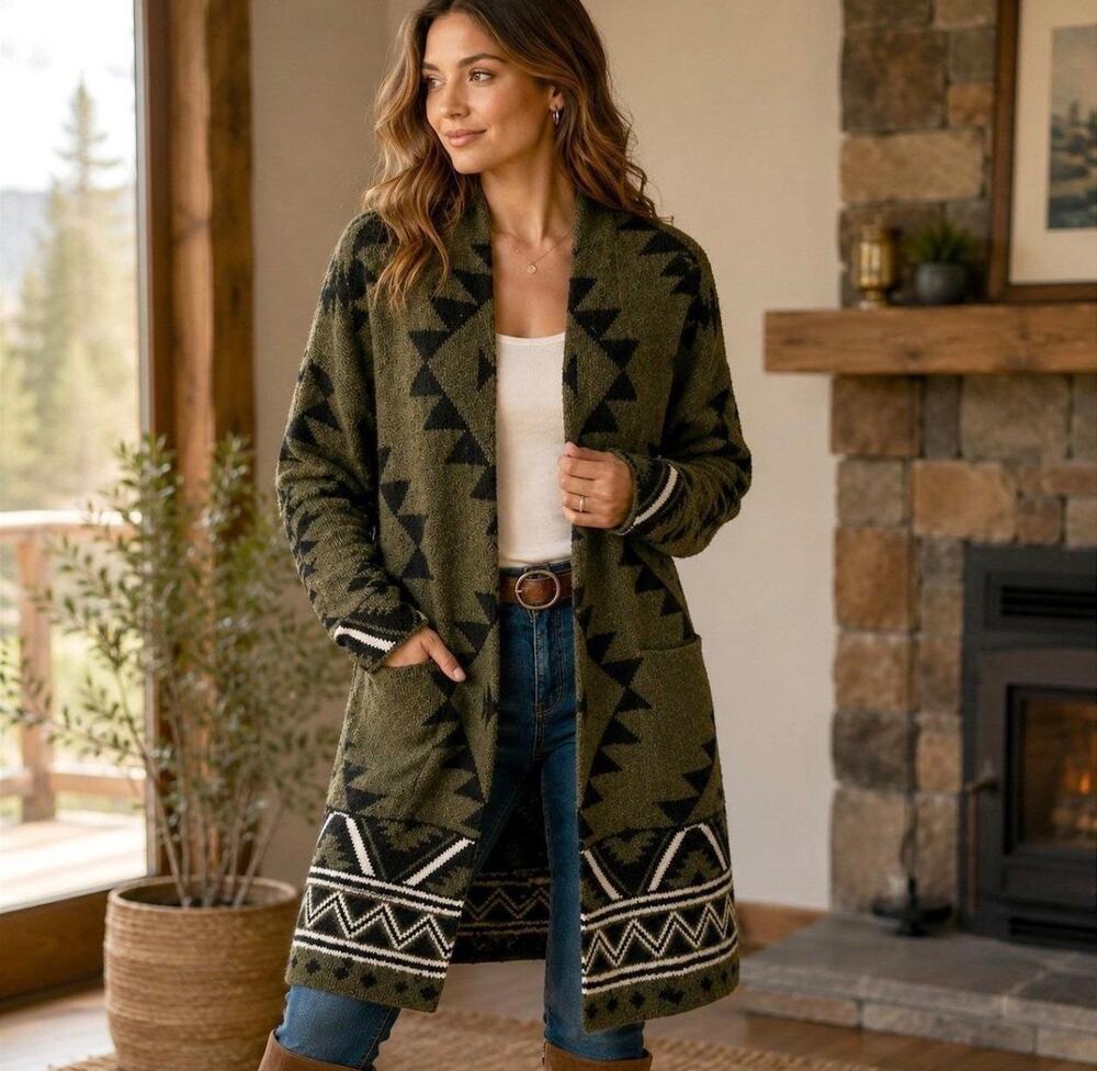 Frye Women's Olive Green Black Aztec Southwestern Open Cardigan Sz L Cozy Tribal